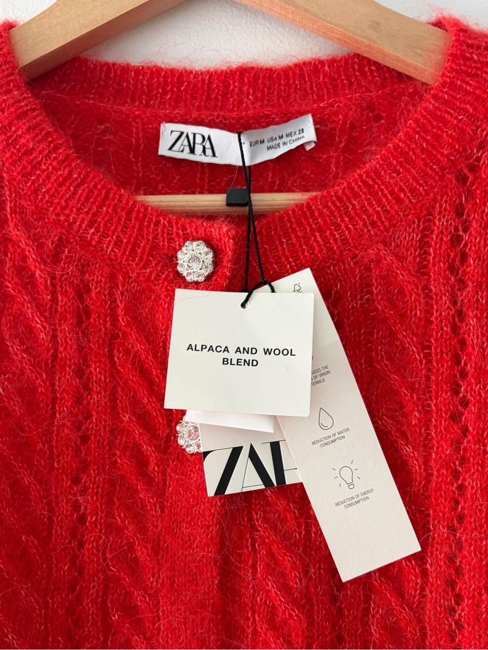 ๐ NEW Zara Size M Poppy Red Alpaca Wool Cropped Cardigan Sweater Jewel Buttons - Picture 5 of 14